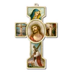 Kereszt formájú faplakett aranyozott szentképekkel