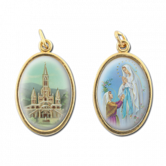 Aranyozott kétoldalas medál (Lourdes-i jelenés - Lourdes-i templom)