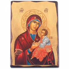Aranyfóliázott ikon fa táblán (Mária kis Jézussal)