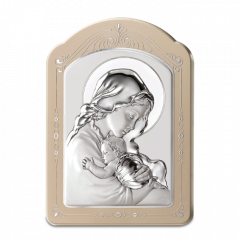 Ezüst plakett díszített kerettel (Mária kis Jézussal)